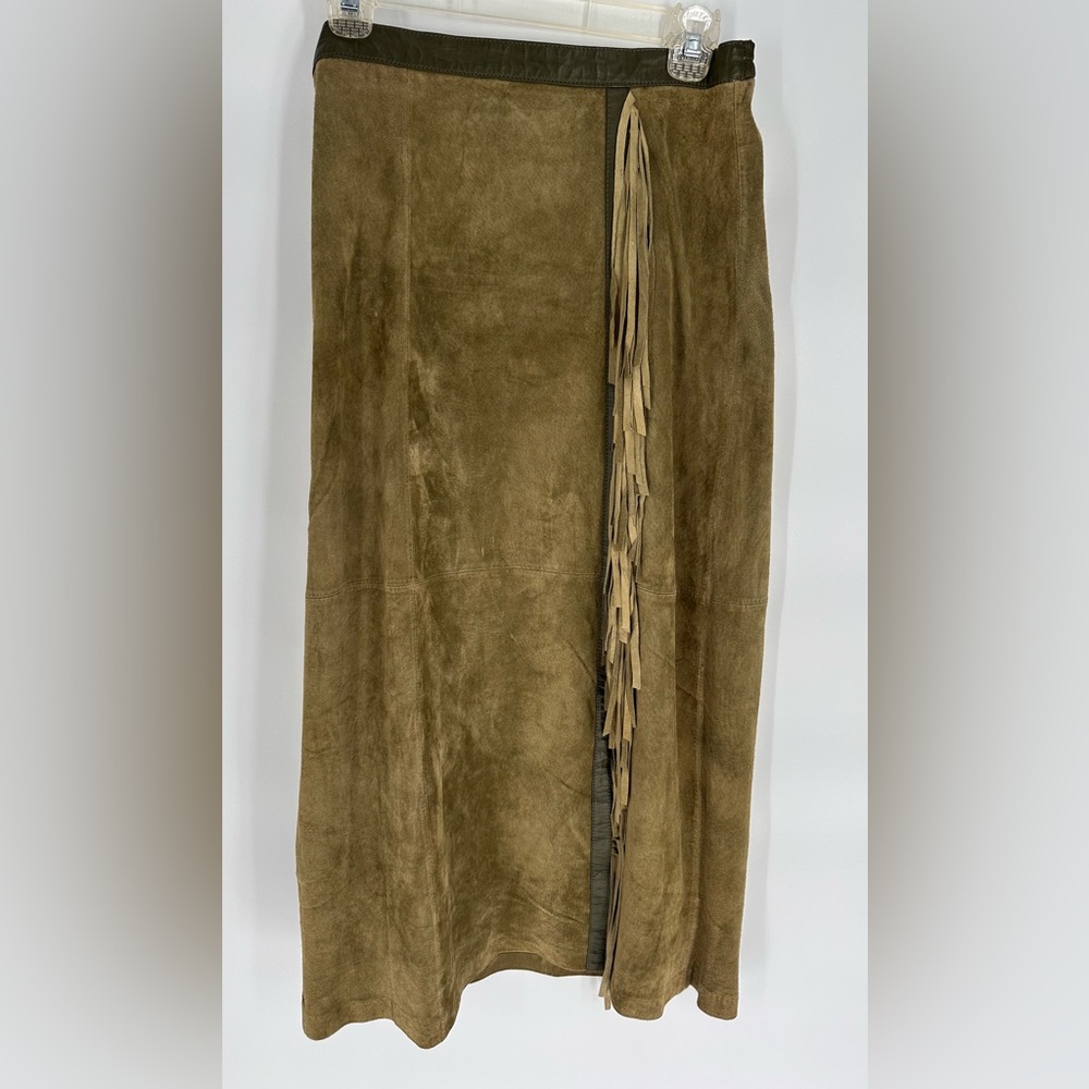 Linea Louis Dell’Olio Suede Long Skirt Olive Leather Slit Fringe Western S